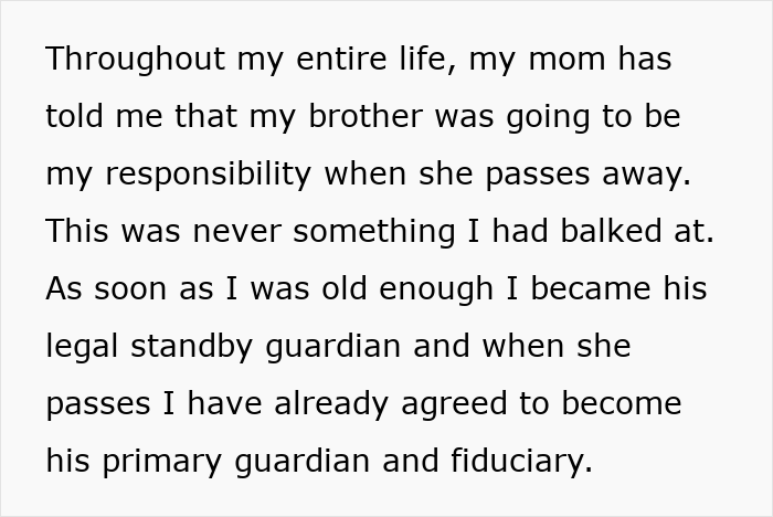 Text on a white background explaining the responsibility of refusing living with disabled sibling as their legal guardian and fiduciary. Text on a white background explaining the responsibility of refusing living with disabled sibling as their legal guardian and fiduciary.