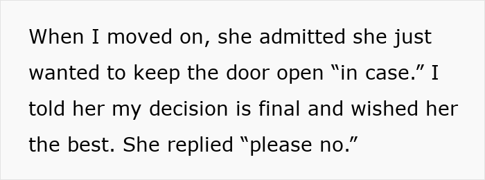 Text excerpt showing a woman explaining how her bestie started dating another girl after she rejected him thrice. Text excerpt showing a woman explaining how her bestie started dating another girl after she rejected him thrice.